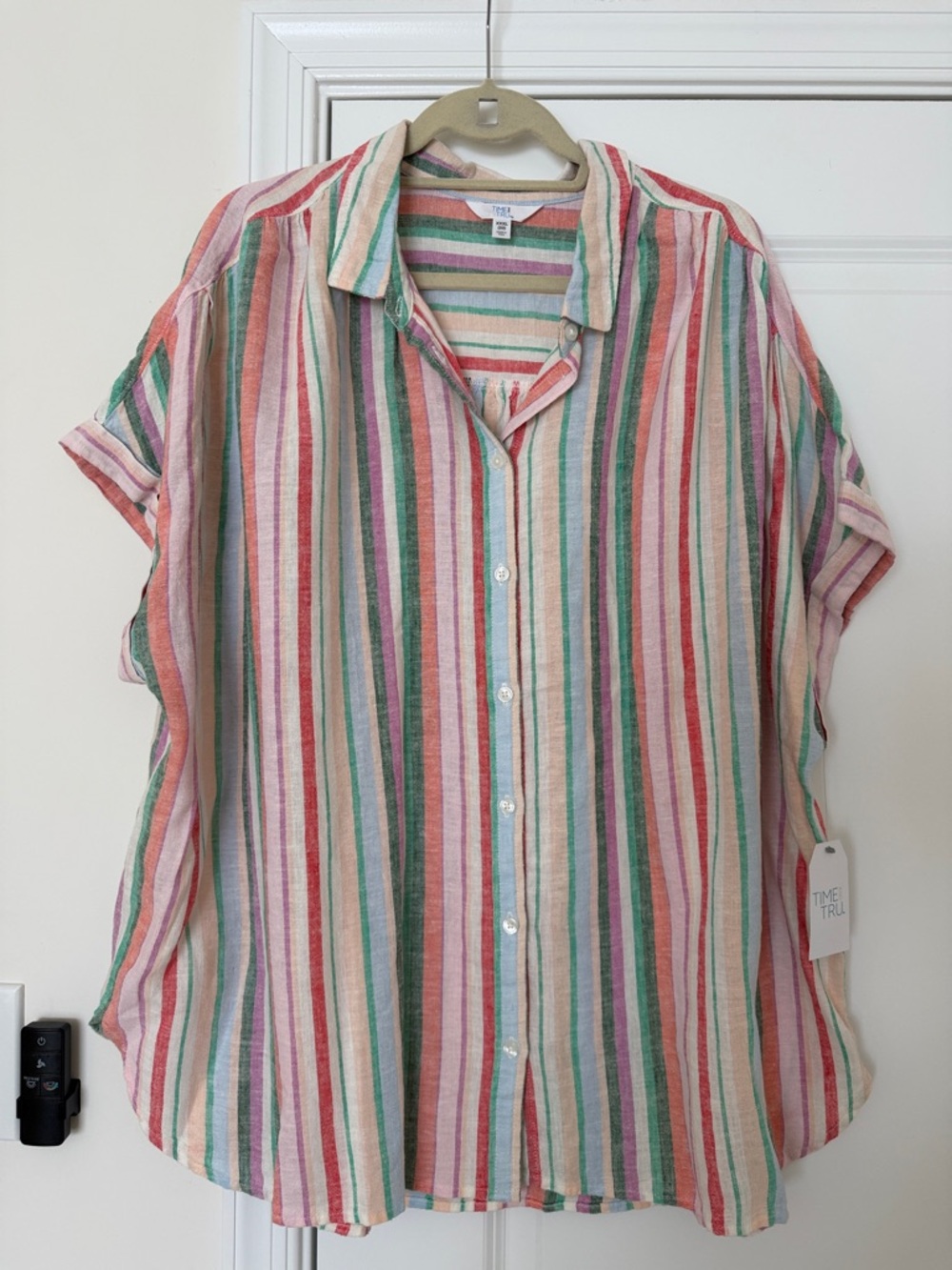 NWT Time & Tru Striped Button-Up Shirt in Pink, Green & Coral